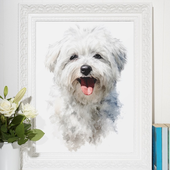 Watercolor White Maltese Dog Portrait Wall Art Print Poster, Unframed - Picture 6 of 6